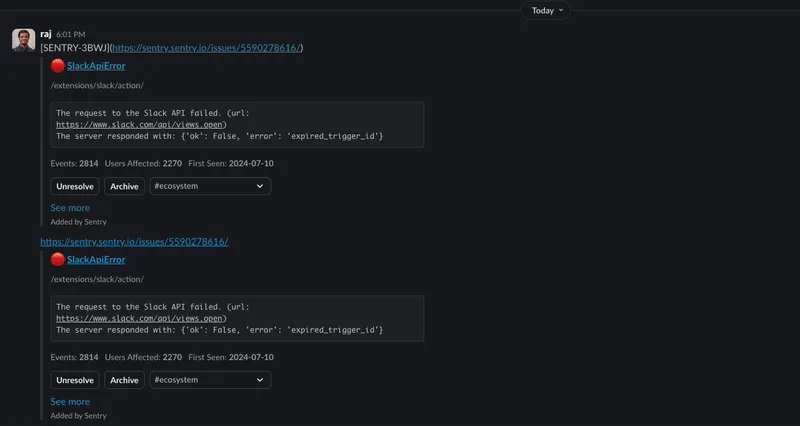A gif showing someone clicking the “archive” button in a Slack notification sent from Sentry. A modal pops up with a “Loading” message, and then the contents of the modal are replaced with the archive dropdown options and the “Confirm” and “Archive” buttons.